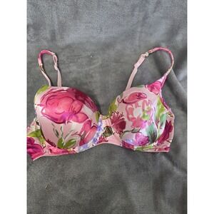Vintage Victoria's Secret Bra 1816 Shiny Floral Pink 34B Molded Cups Underwire
